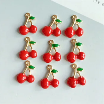 

50 PCS 1.3cm*1.7cm Fashion Metal Alloy KC Gold Color Drops Of Glaze Cherry Pendant Connectors For Jewelry Making