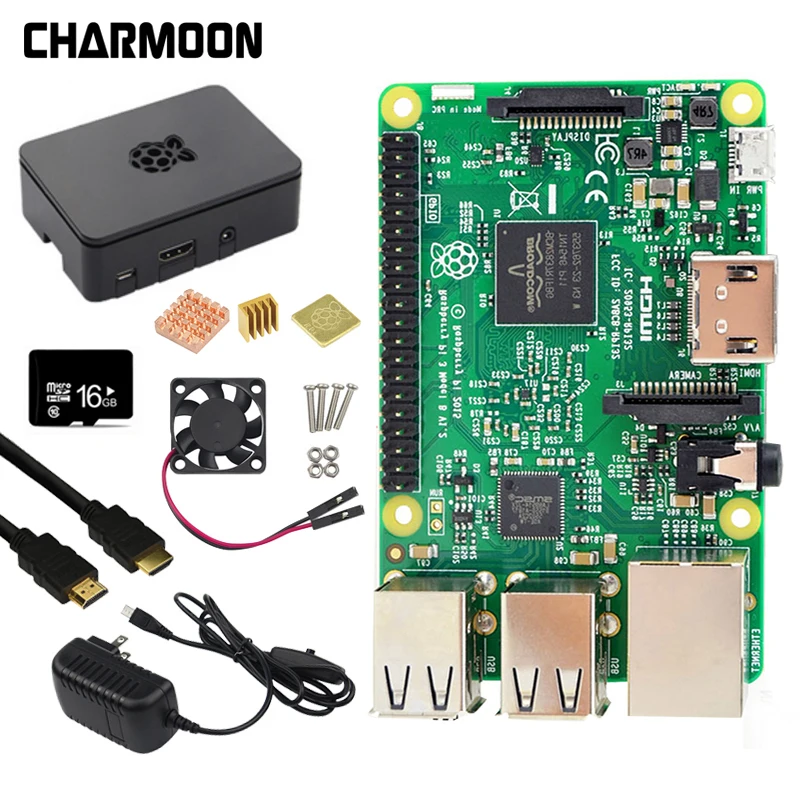 Комплект Raspberry Pi 3 Model B 5V2. 5A блок питания с переключателем+ sd-карта 16G+ корпус ABS+ вентилятор охлаждения+ радиатор+ кабель HDMI+ камера 5 Мп