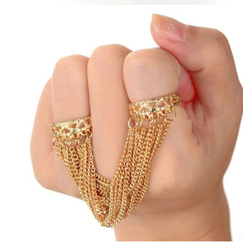 

6.5cm Metal Tassel Ring Adjustable for Women Punk Retro Hollow Link Multi Chain Opened Double Finger Ring Fine Jewelry Fashion