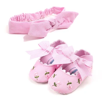 

NEW Baby Shoes Headband Newborn Girls Soft Striped Floral Princess Soled Princess Crib Shoes Sandals