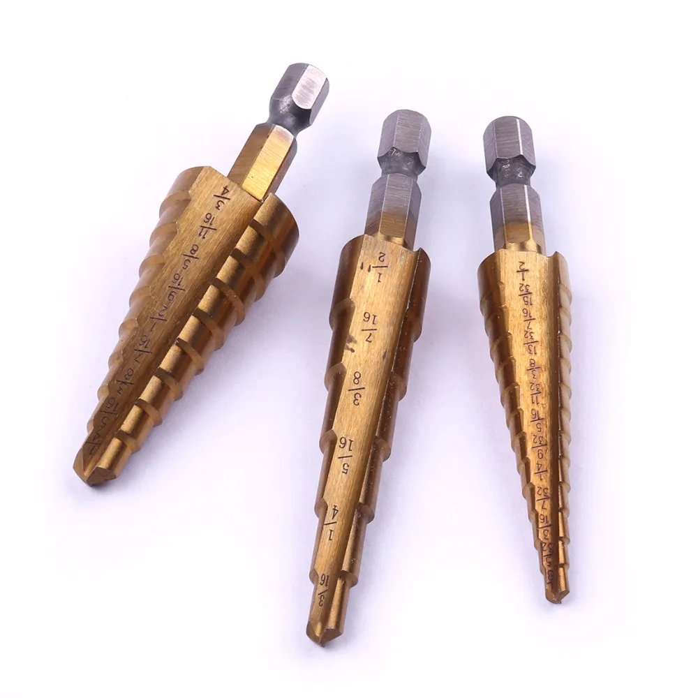 3Pcs/Set 1/4'' Hex Shank Straight Groove HSS Titanium Step Drill Bit