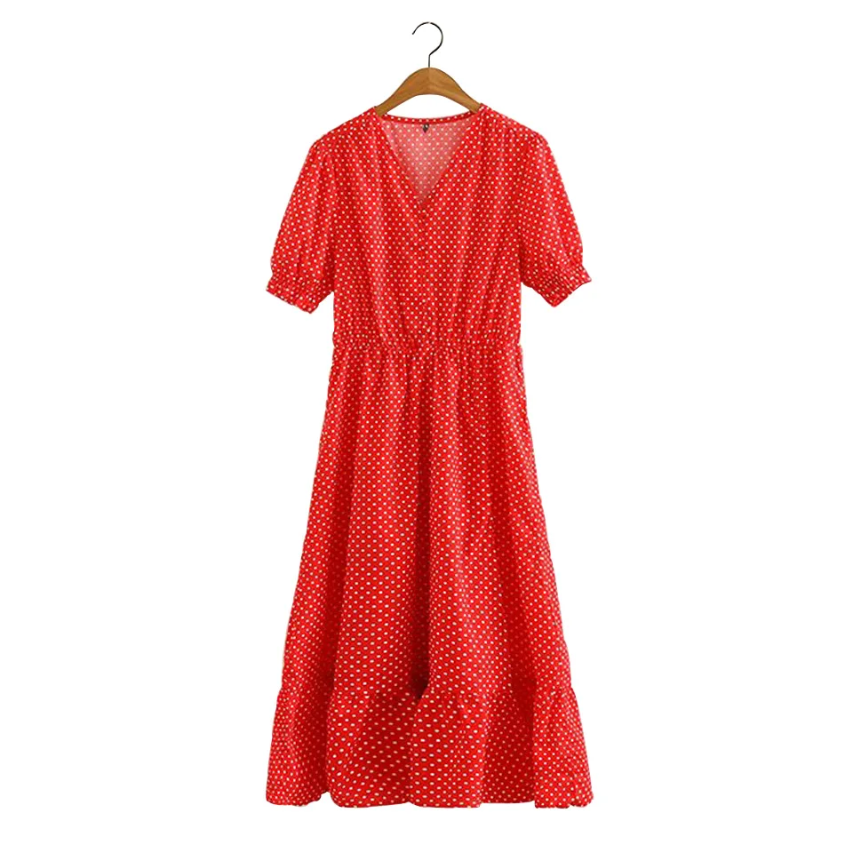 

Summer Dot Women's Dress Short Sleeve V-Neck Casual Buttons Split Cotton A-Line Dresses Female Elegant Mid-Calf Dress vestidos