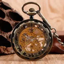 Роскошный бронзовый медный ручной намотки Винтаж Стильный повседневный прозрачный Золотой Скелет Механические карманные часы