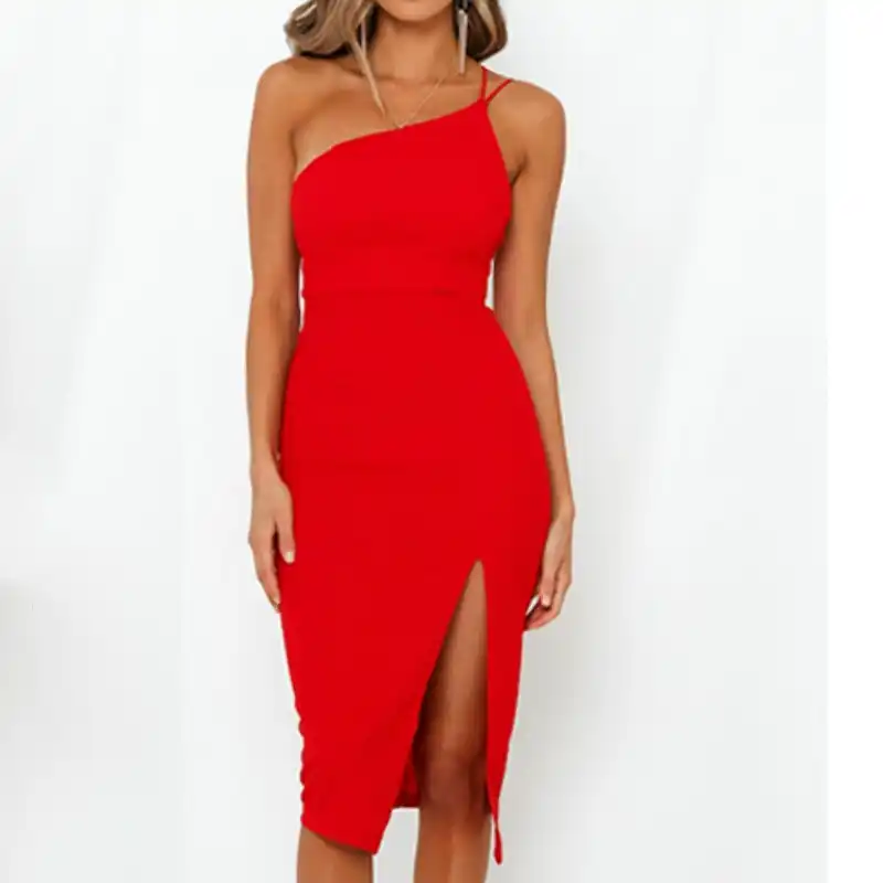 one shoulder split bodycon dress