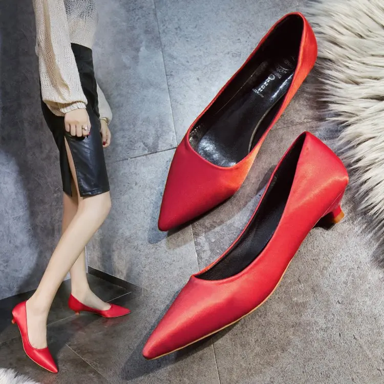 

Pumps Women Shoes Kitten Heels Satin Dress Shoes Pointed Toe OL Office Lady Shoes Career Wedding Bride Low Heels