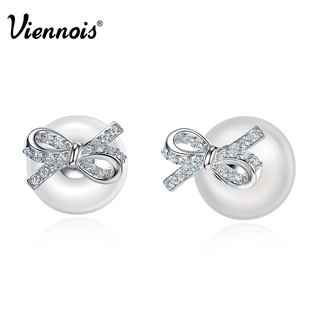 

Viennois New Silver Color Bowknot Stud Earrings for Women Zircon Simulated Pearl Front/Back Earring Wedding Jewelry Accessories