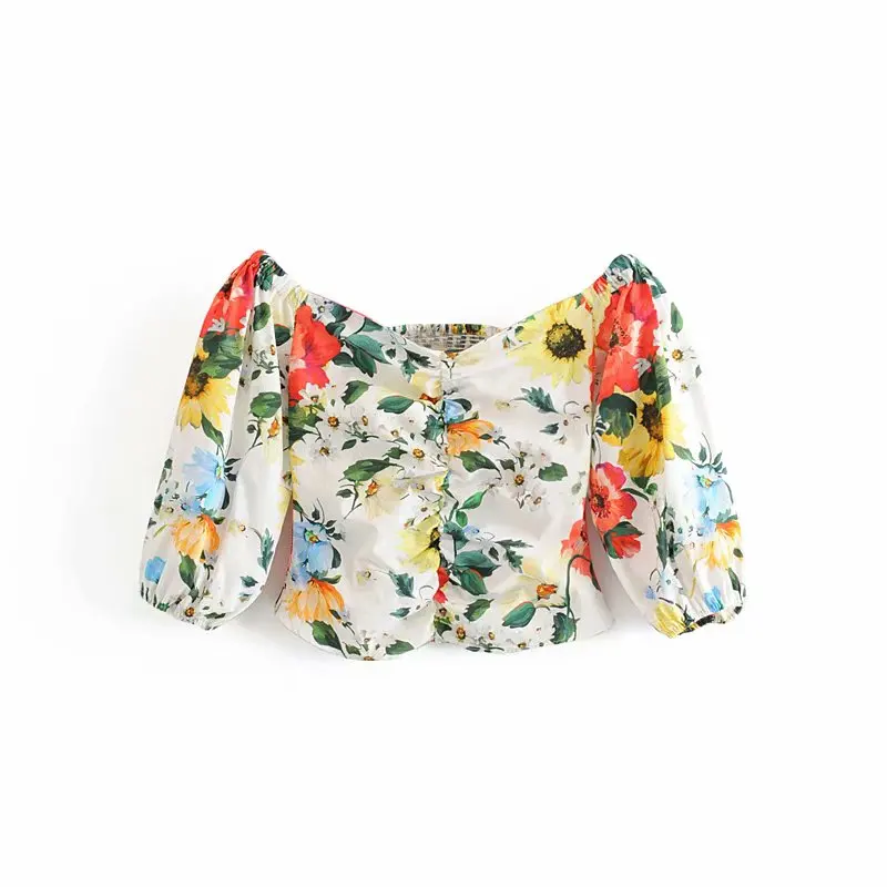 

Vintage Chic Floral Print Back Elastic Ruched Short Blouse Stylish Women Puff Sleeve Sexy Slash Neck Tops Blusas