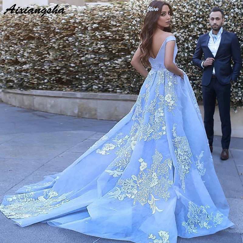 

Gelinlik Ball Gown Sleeveless Off-the-Shoulder Appliques Tulle Sweep Train Blue Wedding Dress Bridal Dresses 2018