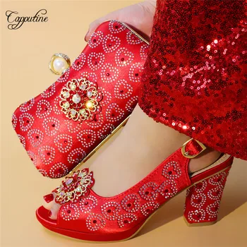

High class red wedding/party high heel pump shoes and evening bag set with stones for lady T9932, heel height 9.3cm