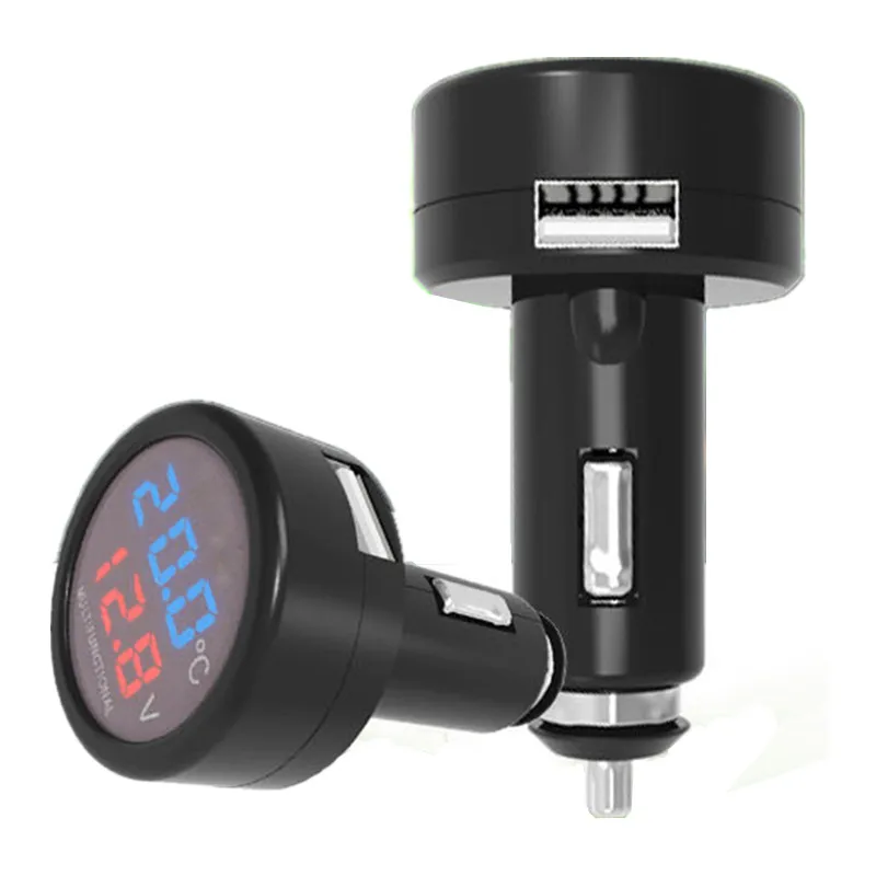 Multifunction USB Car Charger 12V/24V Digital Voltmeter Thermometer Auto Volt Meter Gauge 2.1A