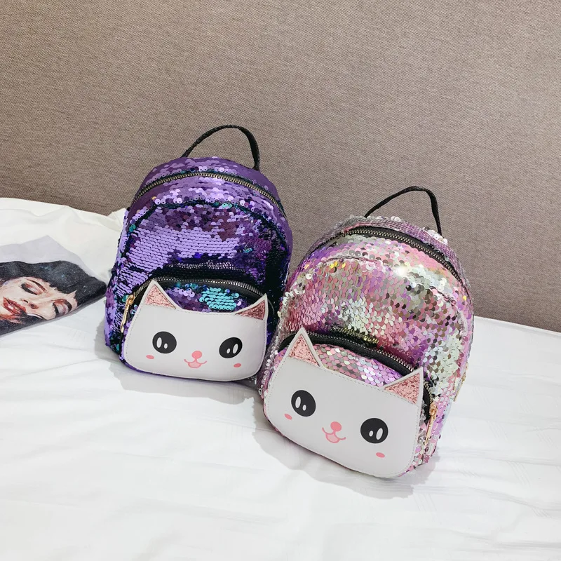  Kid Backpack Sequins Cartoon Cat Print Bags Kindergarten Toddler Children School Backpack For Girls - 33009479237