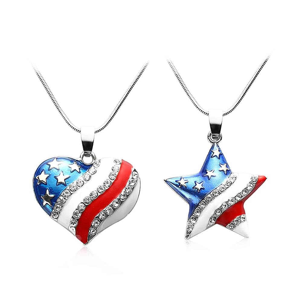 

1 Pcs Fashion Cute USA Flag Necklace Enamel Heart Star Pendant Necklace For Women 4Th Of July Independence Day Crystal Jewelry