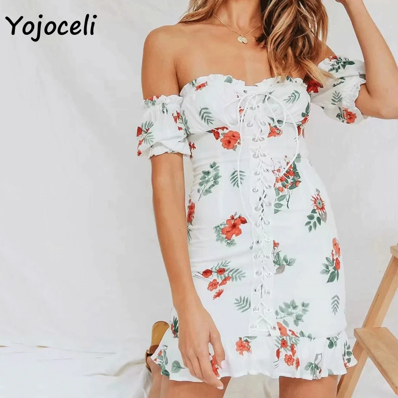 Yojoceli шикарное платье с цветочным принтом для женщин открытыми плечами 2019 летнее