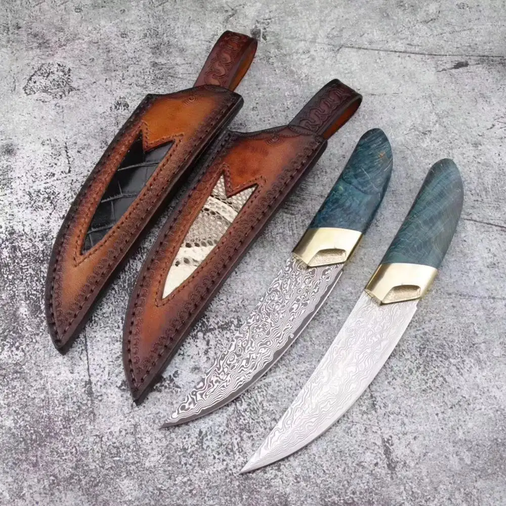 

VG10 Damascus Steel Fixed Blade Knife Embossed Handle Handmade Hunting Knives Survival Rescue Tools With Sheath