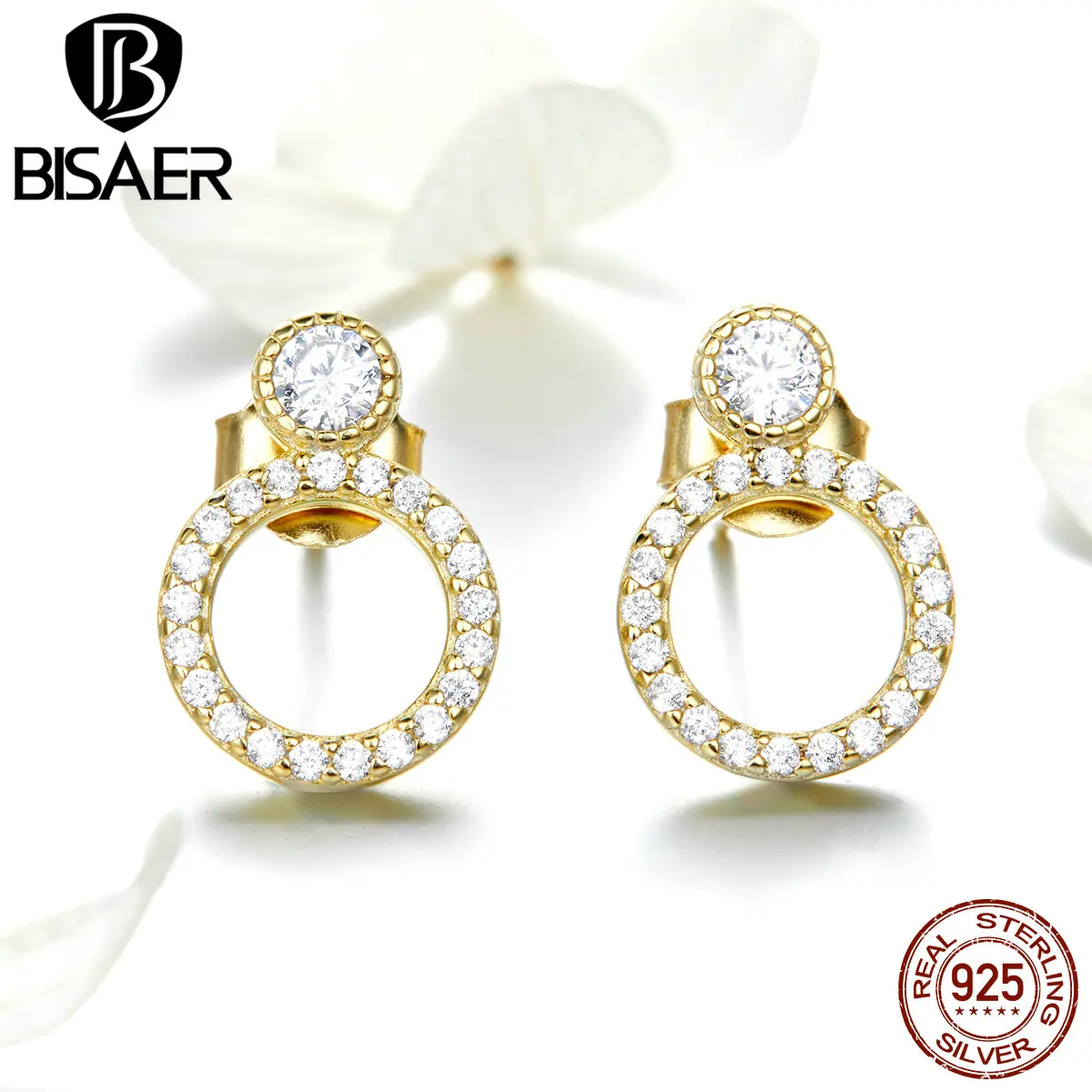 

BISAER Hot Sale 925 Sterling Silver Simple Round Circle Clear Cubic Zircon Stud Earrings for Women Wedding Silver Jewelry ECE561