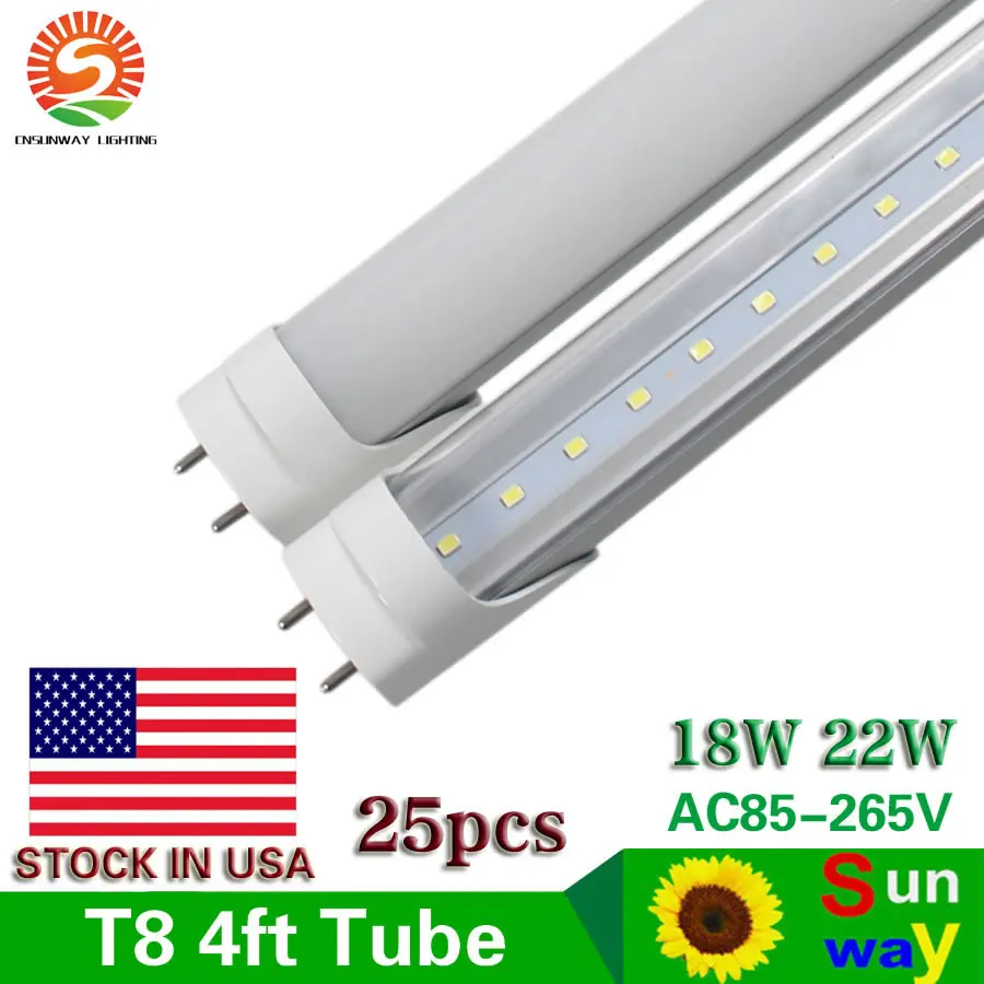 CNSUNWAY Акция! t8 светодио дный light tube 1200 мм 18 Вт 22 Вт 4ft, smd 2835 AC 85 ~ 265 В, fedEx Бесплатная доставка, 25 шт./лот