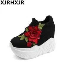 XJRHXJR 2019 Spring Autumn Casual Thick Bottom Platform Shoes Woman Red Rose Height Increase Wedge High Heels Women Pumps