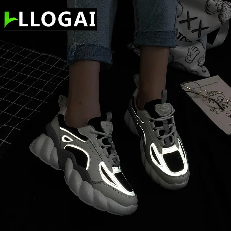 

Lace-up Rubber Reflective Shoes Comfortable Platform Shoes Women Casual Shoes Sneakers Women Vulcanized Shoes Autumn Women Shoes