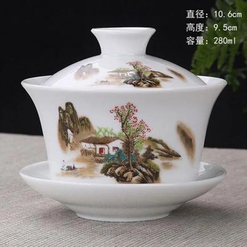 

Hand Painted Jade Porcelain Peach Blossoms Ceramic Gaiwan Chinese Kung Fu Tea Set Teaware Tureen Sancai Tea Cup Pu'er Kettle