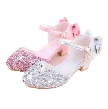 

Children girl Crystal Bowknot Shoes Girls dance Shoes high-heeled Party Princess Shoes size 26-38 sliver pink GZX03