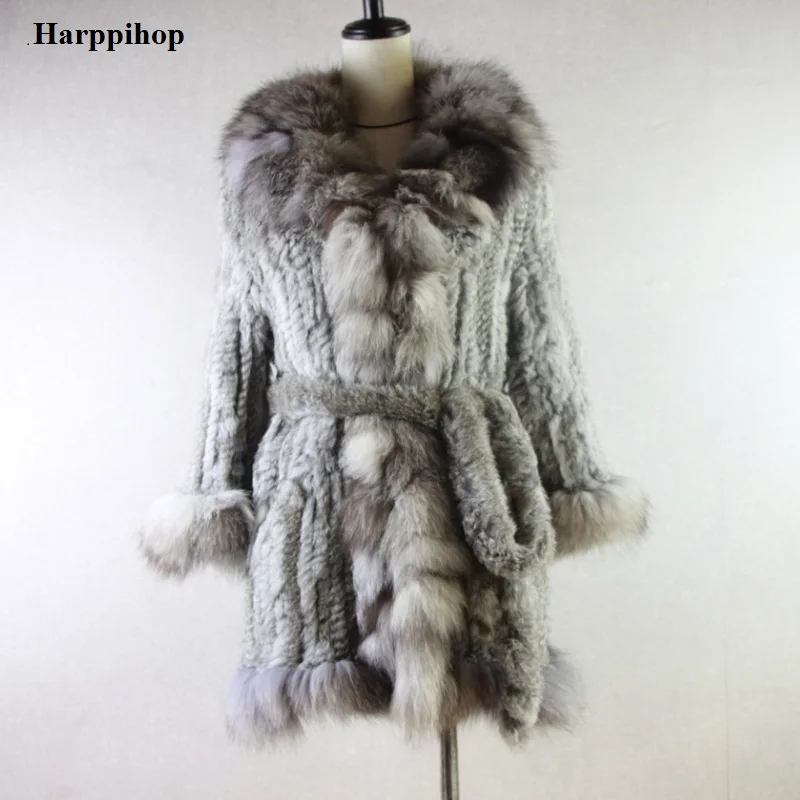Новое поступление, пальто из натурального кроличьего меха, женская теплая длинная куртка из натурального меха с воротником из лисьего меха и поясом, размер по индивидуальному заказу, большой размер