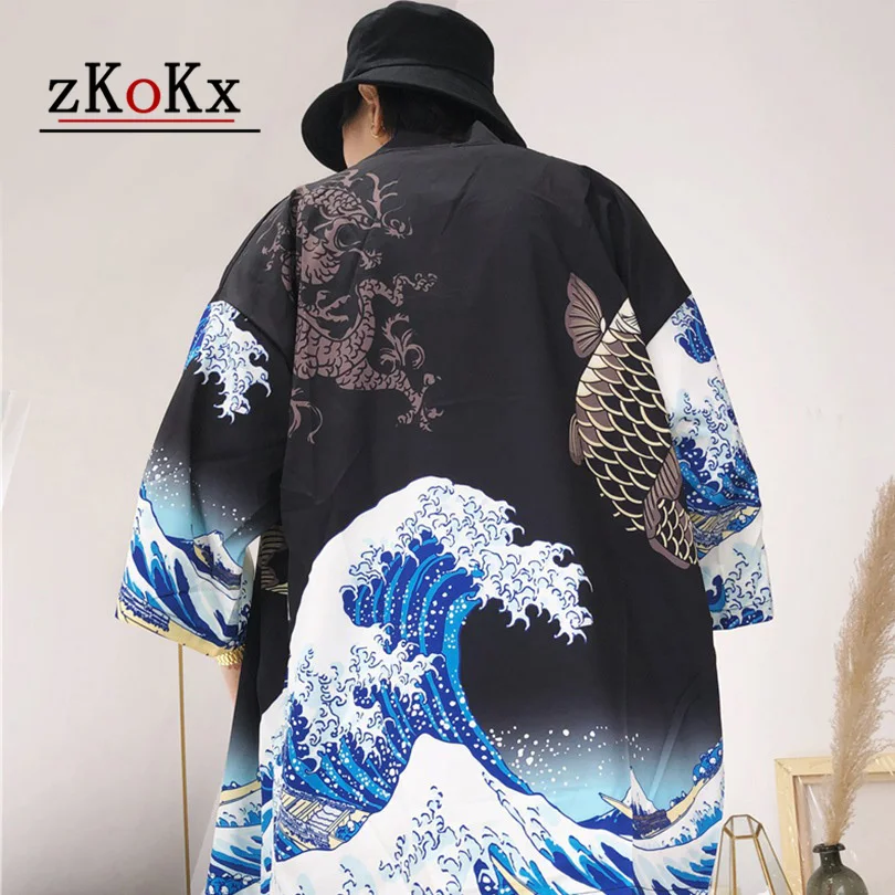 

Kimono Me Summer Streetwear Mens Kimono Cardigan Jacket Coat Japanese Kimono Cardigan Hip Hop Wave Carp Print Casual Windbreaker