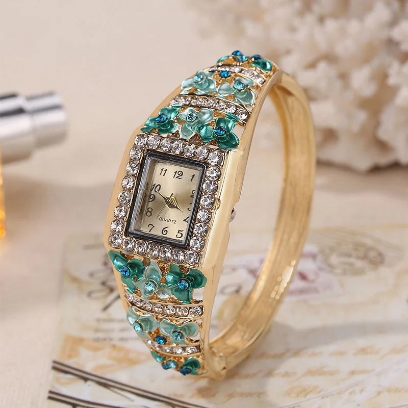 

Abrray 2 In 1 Rhinestone Floral Women Watches Luxury Bracelet Elegant Dress Watches For Ladies Fashion Wristwatch Golden Jewelry