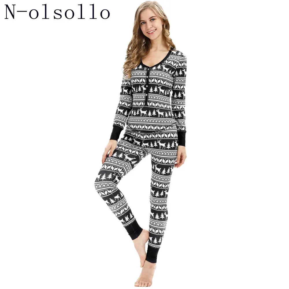 

N-olsollo Black/white Snowflake Deer 3D Print Christmas Pajamas For Women Sleepwear Long Sleeve Round Neck Fashion Pajamas suit