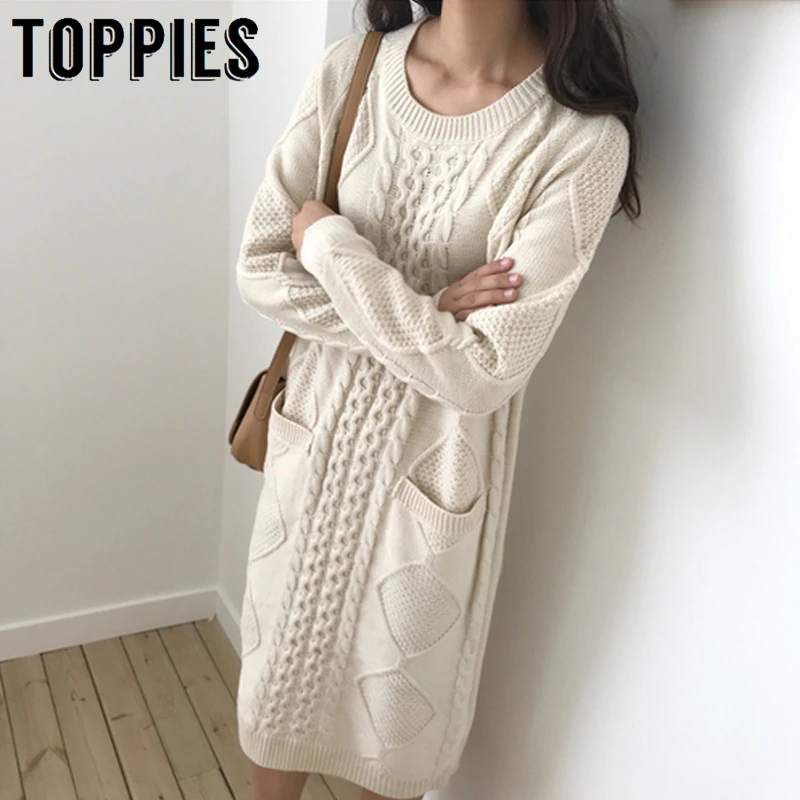 

2019 Vintage Pullover Sweater Dress Winter Twist knitted Dress with Pockets Long Sleeve Jumpers