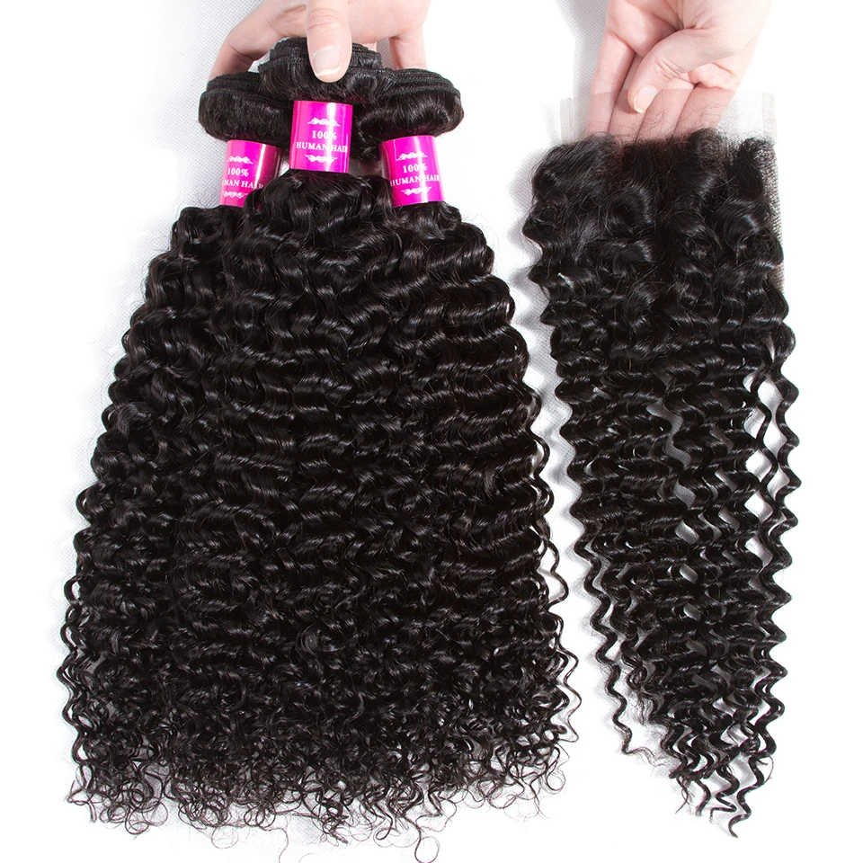 Queenlike Hair Products 3 4 Bundles Human Hair Bundles With Closure Non Remy Weave Brazilian Kinky Curly Bundles With Closure