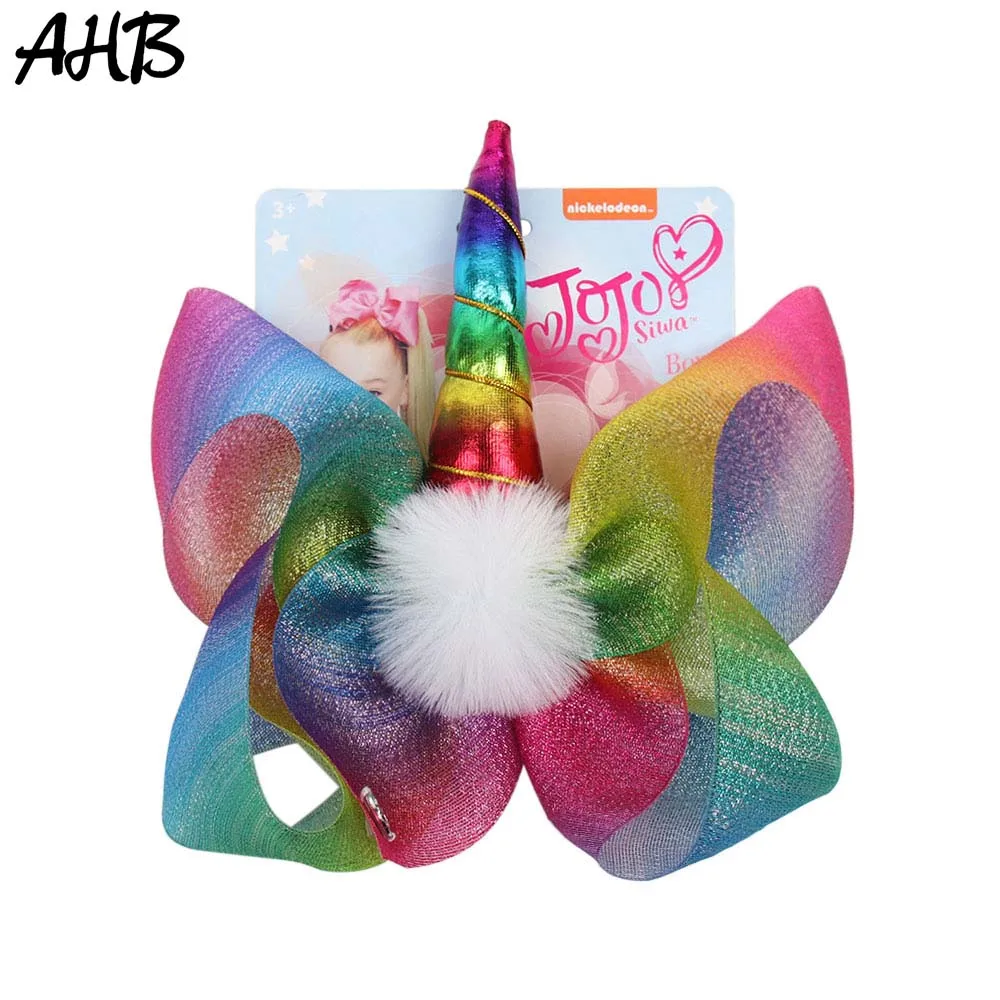 

AHB 2019 NEW 8" Large Hair Bows Hair Clips for Girls Summer Rainbow Yarn Jo Jo Bows with Horn White Pompom Party Kids Hairgrips