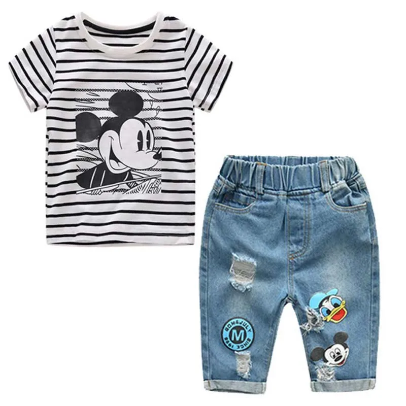 

Cartoon Mickey Striped Girls Clothes Sets For Girls Clothes 2019 New Summer T Shirt + Denim 2Pcs Hole Jeans Children Clothing