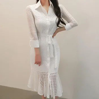 

White Lace Blouse Dress Women Robe Femme Long Sleeve Single-Breasted Buttons Hollow Out Mesh Lace Bodycon Shirt Dress With Belt