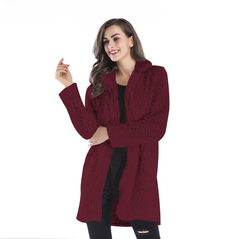 Новинка, Женское пальто из искусственного меха размера плюс, утолщенное зимнее длинное пальто для девушек, модное плюшевое пальто, верхняя одежда, уличная одежда - Цвет: Wine Red