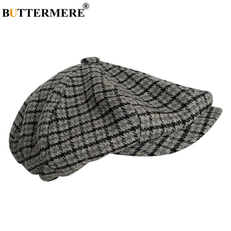 

BUTTERMERE Newsboy Hats Men Plaid Wool Flat Caps Male Casual Grey Checkered Autumn Winter Octagonal Cap British Gatsby Ivy Cap