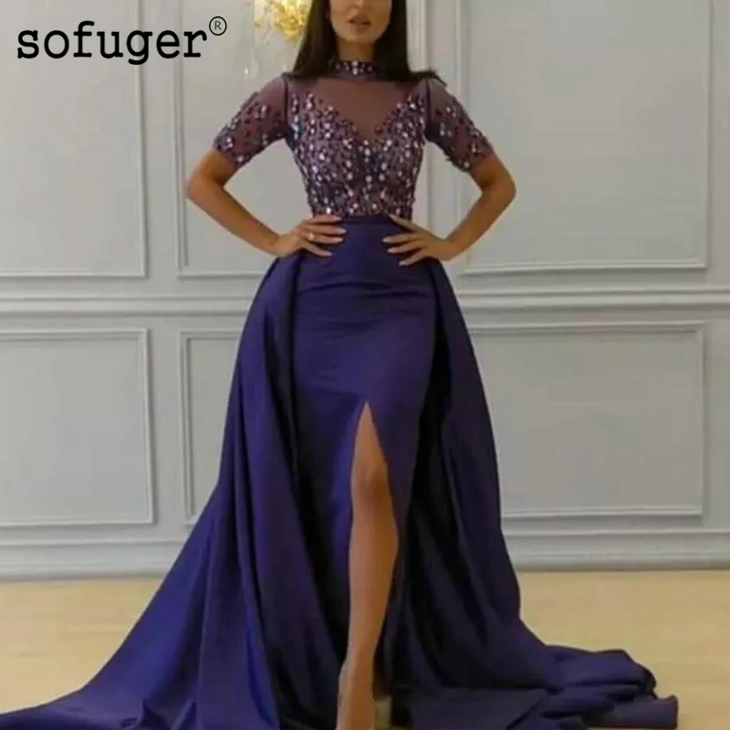 

Purple Beading Satin Evening Dresses Detachable Train Slit Long Party Dress Robe De Soiree Tulle Arabic Muslim Special Occasion
