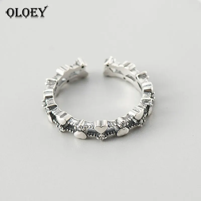 

OLOEY Vintage Love Heart Rings for Women Female Genuine 925 Sterling Silver Opening Adjustable Ring Fine Party Jewelry YMR368