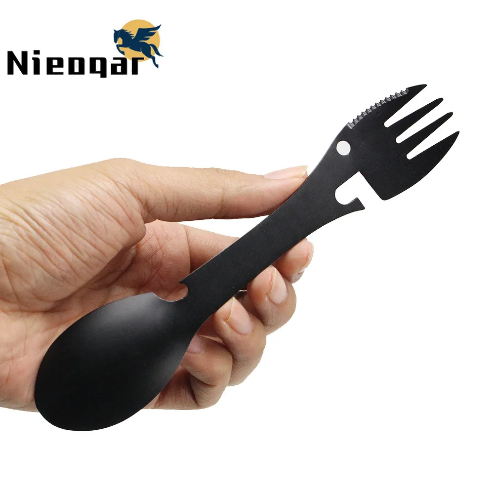 

Nieoqar 5 in 1 Multi-functional Outdoor Tools Stainless Steel Camping Survival EDC Kit Fork Knife Spoon Bottle/Can Opener