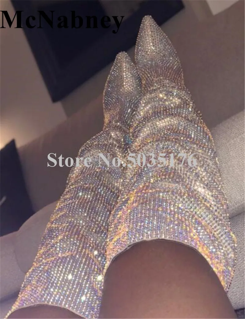 

European Bling Pointed Toe Stiletto Heel Over Knee Pleated Rhinestone Long Boots High Heel Slip-On Spring/Autumn Women Shoes
