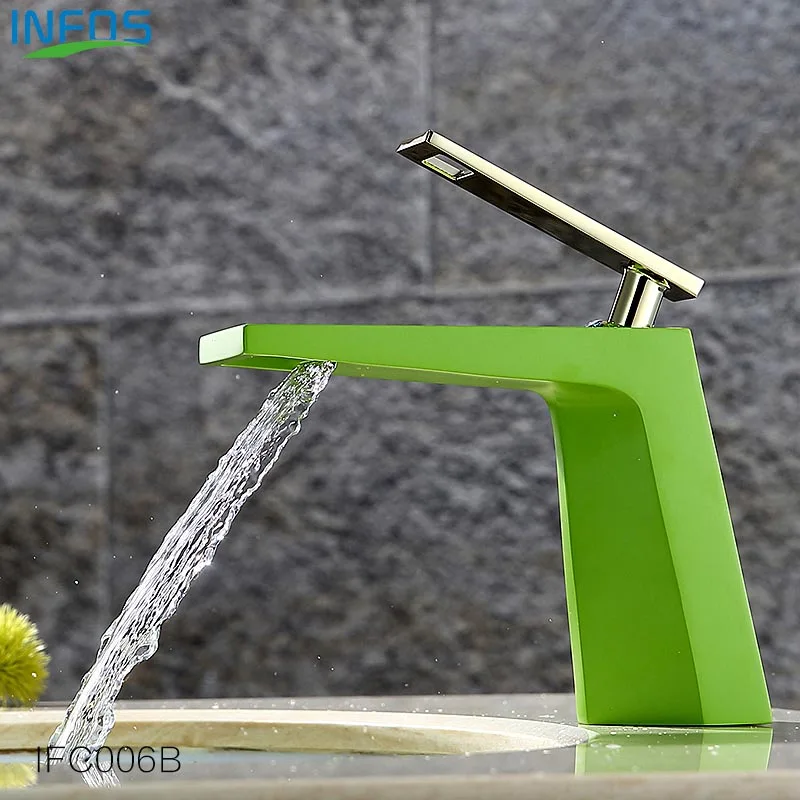 INFOS водопад смеситель для умывальника из чистой меди кран на одно отверстие для ванной комнаты Смесители для раковины на бортике Torneira Banheiro IFC006 - Цвет: Green