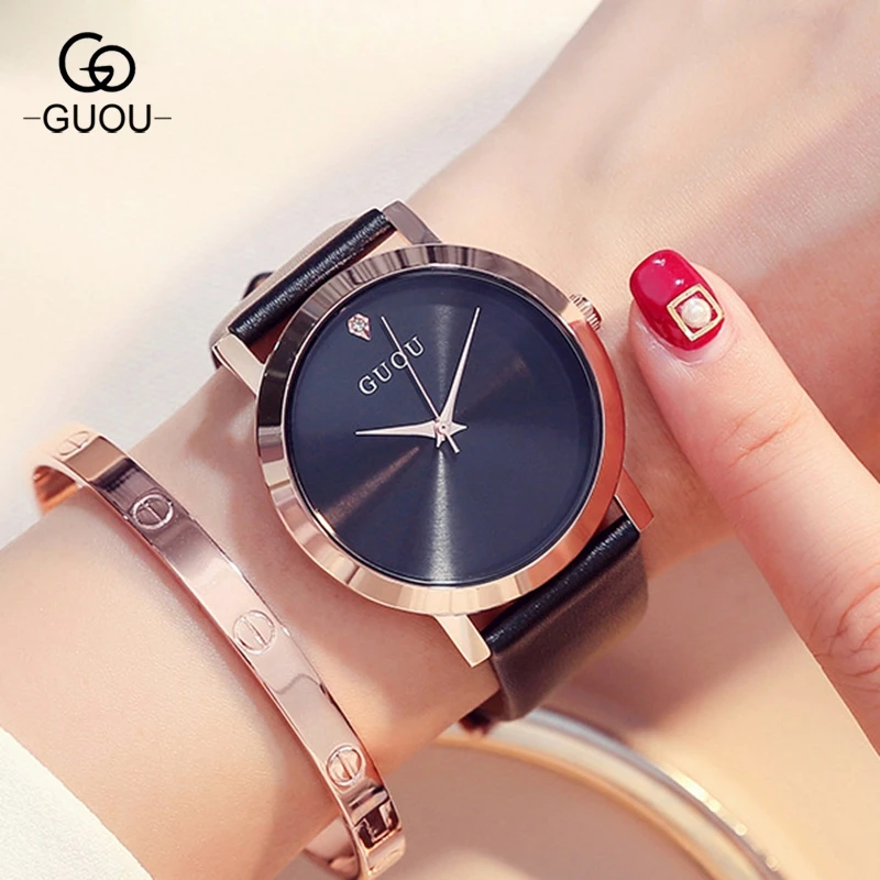 Goedkoop Originele GUOU Brand Eenvoudige Stijl Crystal Zwart Wit Rood Paars Lederen Quartz Armband Polshorloge voor Vrouwen Meisjes