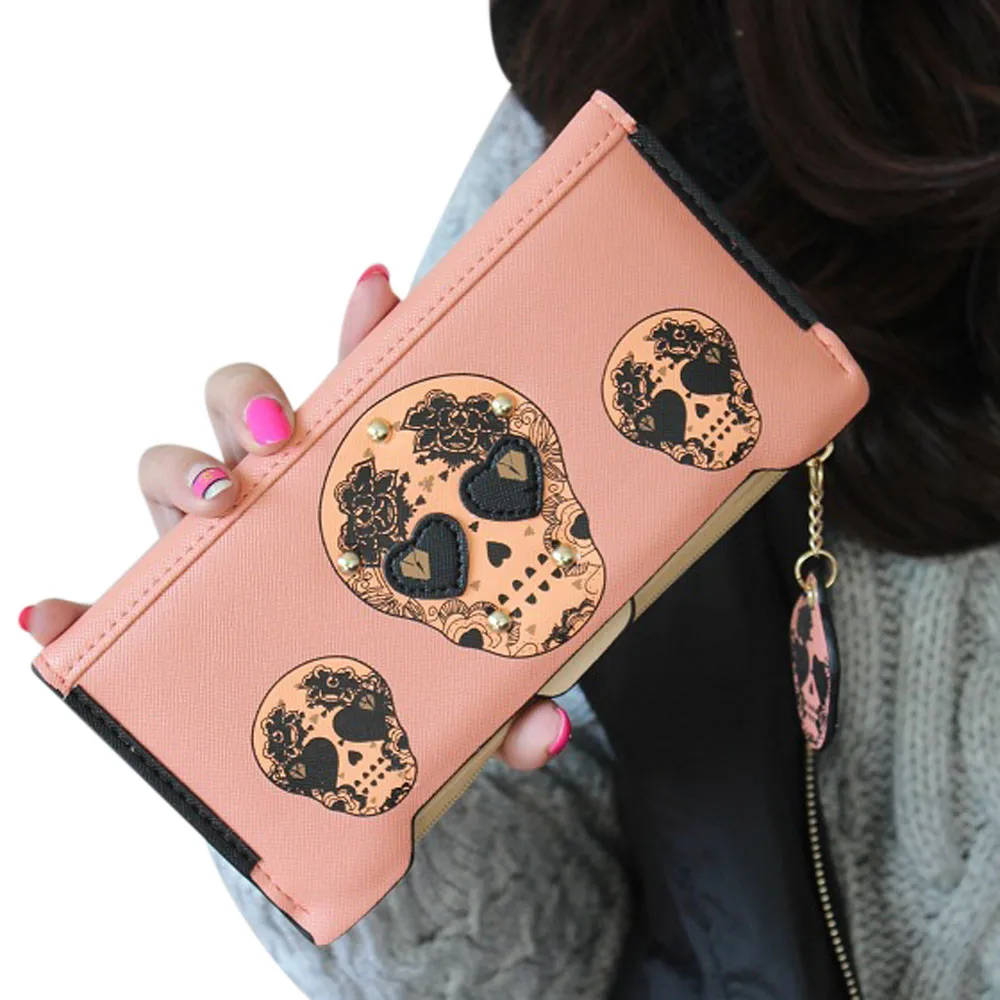 

2017 hot sale cute Lady Women Boutique High-grade leather Wallet Punk Skull Print Card Holder wallet bag gift Long Purse
