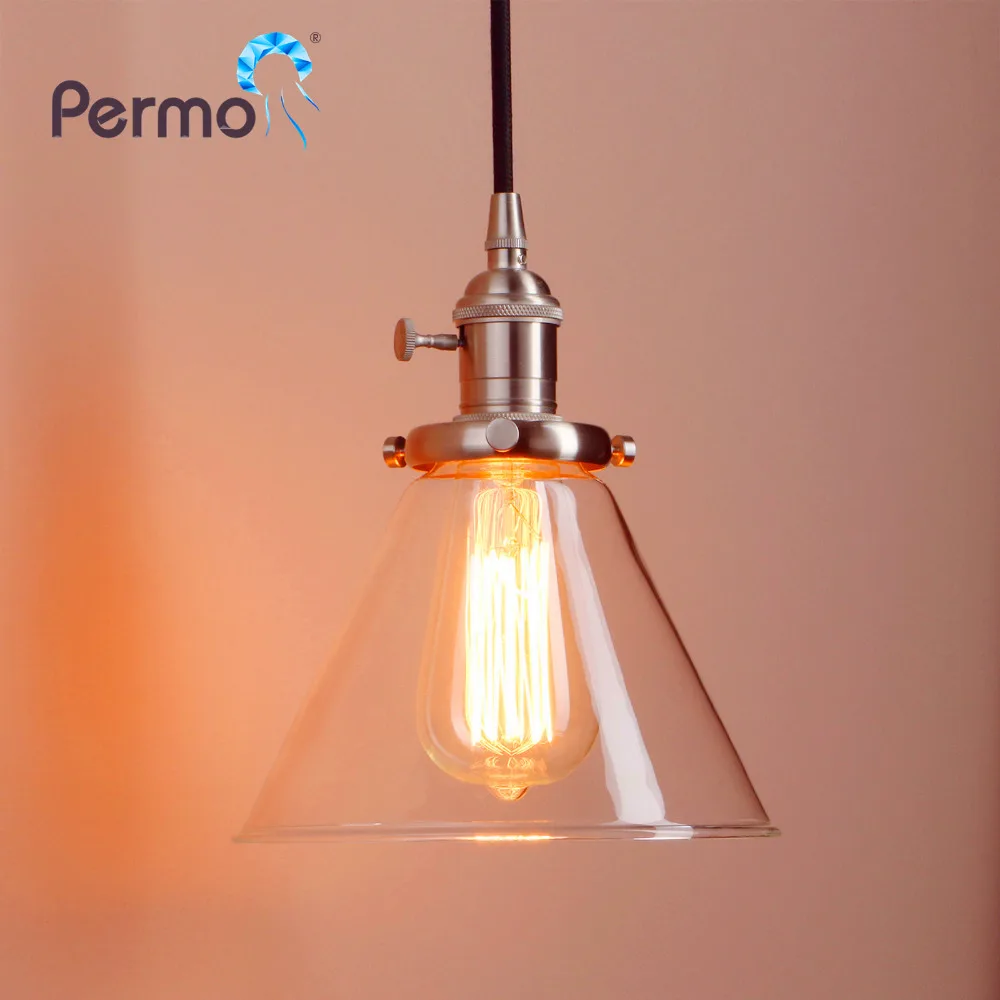 

PERMO 7.2'' Funnel Clear Glass Brass Pendant Lights Vintage Pendant Ceiling Lamp Modern Hanglamp Lights Fixture Home Decorations