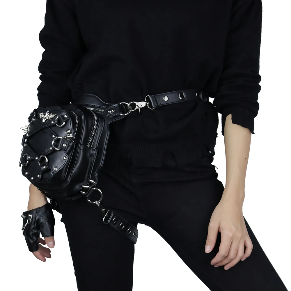 Small Punk Waist Bag Motorcycle Leg Bags Crossbody Leather Phone Case Holder Black Gothic Rivet Fanny Pack Vintage Shoulder Bags