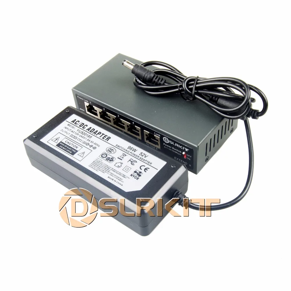 DSLRKIT 250M 5 портов 4 PoE выключатель инъектор питания по Ethernet 52V 75W max.90W + 1.85A адаптер