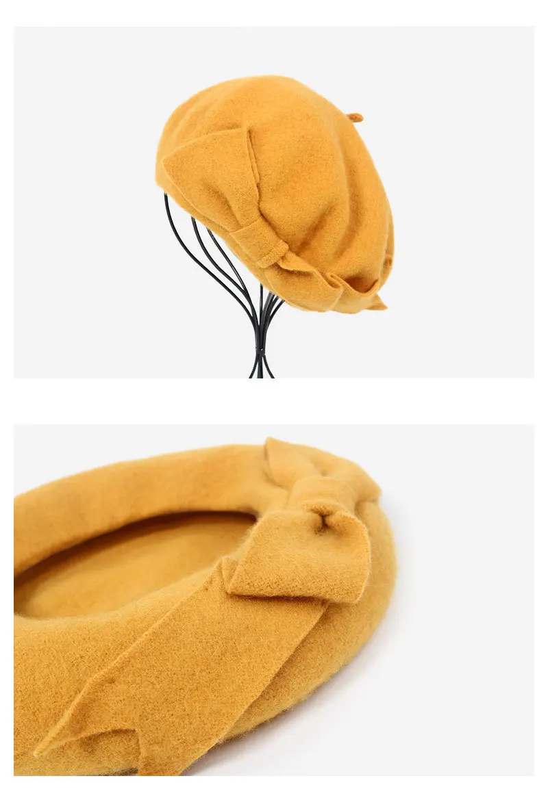 BUTTERMERE французская шляпа берет женский шерстяной берет бини Желтый Осень Зима бант теплый шерстяной элегантный женский сплошной корейский живописец шляпа