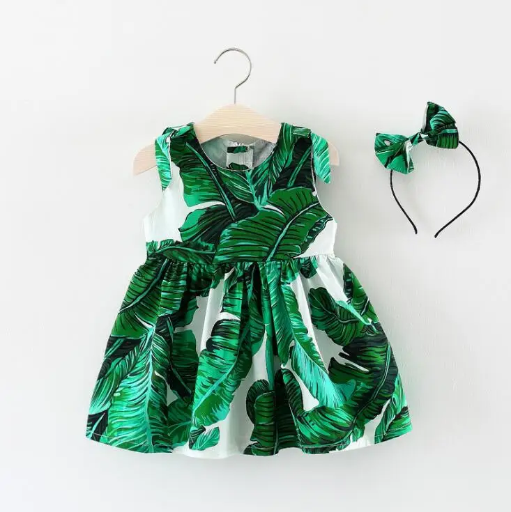 Babzapleume/Одежда для новорожденных девочек коллекция года, летние платья для детей возрастом от 3 лет модное хлопковое платье без рукавов с зелеными листьями+ головной убор, BC1701 - Цвет: Зеленый
