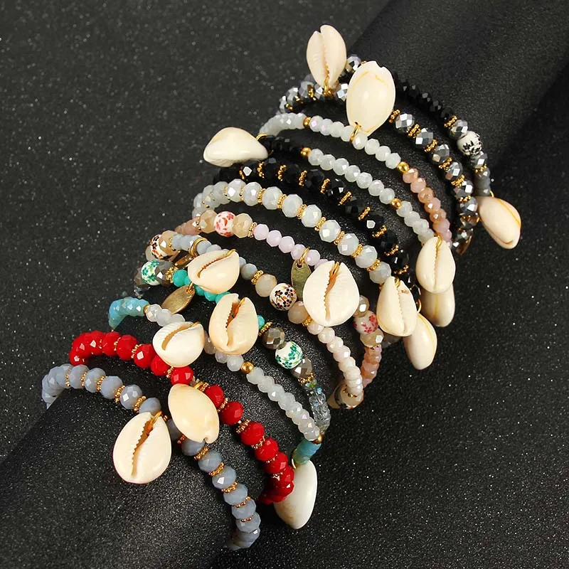 

Boho Sea Shell Scallop Rose Gold Charm Bracelets & Bangles Women Jewelry Crystal Beads Elastic Force Bracelet Set Gifts