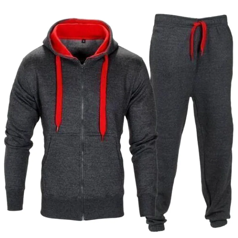 Брендовый мужской спортивный костюм, осенняя спортивная одежда, модный мужской комплект, 2 шт, на молнии, толстовка с капюшоном, куртка+ штаны, Moleton, мужские комплекты - Цвет: Dark Grey Red EL025