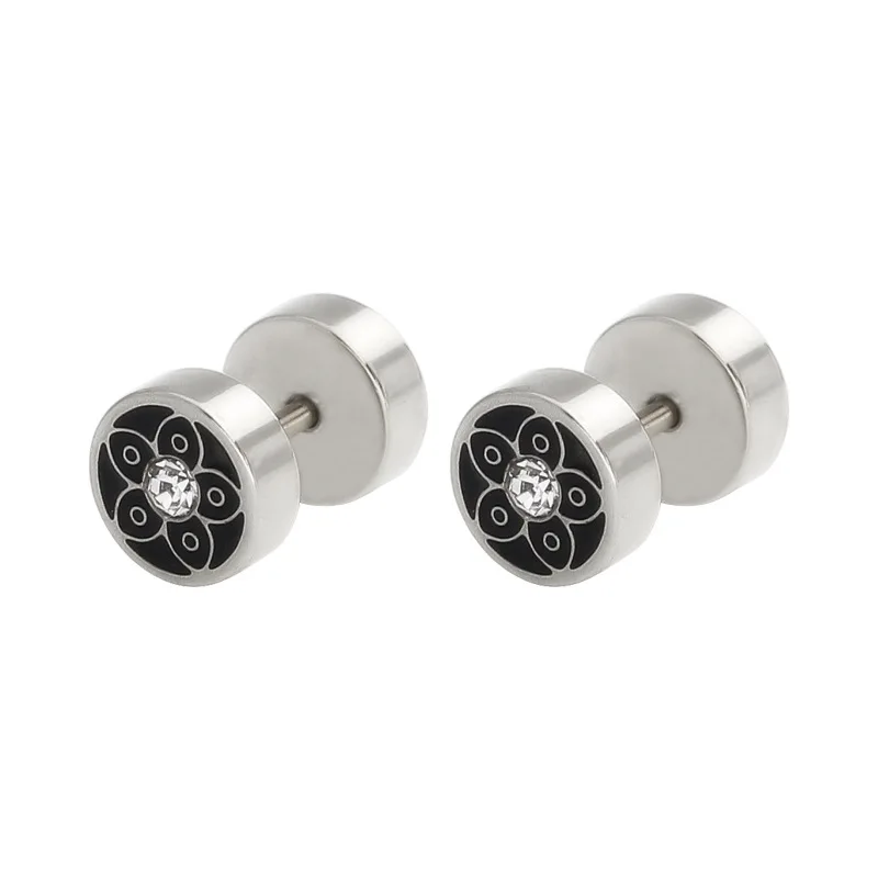 

2019 Punk Barbell Round Cake with Zircon Stainless Steel Titanium Steel Plum Pattern Dripping Oil Earrings Puncture Jewelry